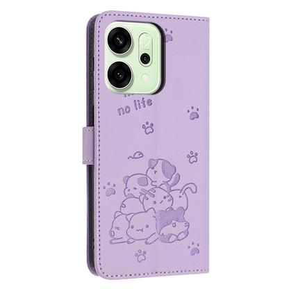OPPO Reno14 Embossed Kitten PU Leather Wallet Case with Card Slots, Cash Pocket, Kickstand Function, Wrist Lanyard Strap, Full Protective TPU Flip Cover