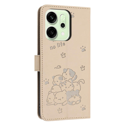 OPPO Reno14 F 5G Embossed Kitten PU Leather Wallet Case with Card Slots, Cash Pocket, Kickstand Function, Wrist Lanyard Strap, Full Protective TPU Flip Cover