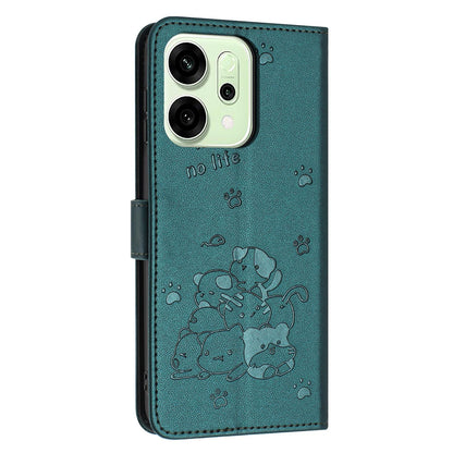 OPPO Reno14 Embossed Kitten PU Leather Wallet Case with Card Slots, Cash Pocket, Kickstand Function, Wrist Lanyard Strap, Full Protective TPU Flip Cover