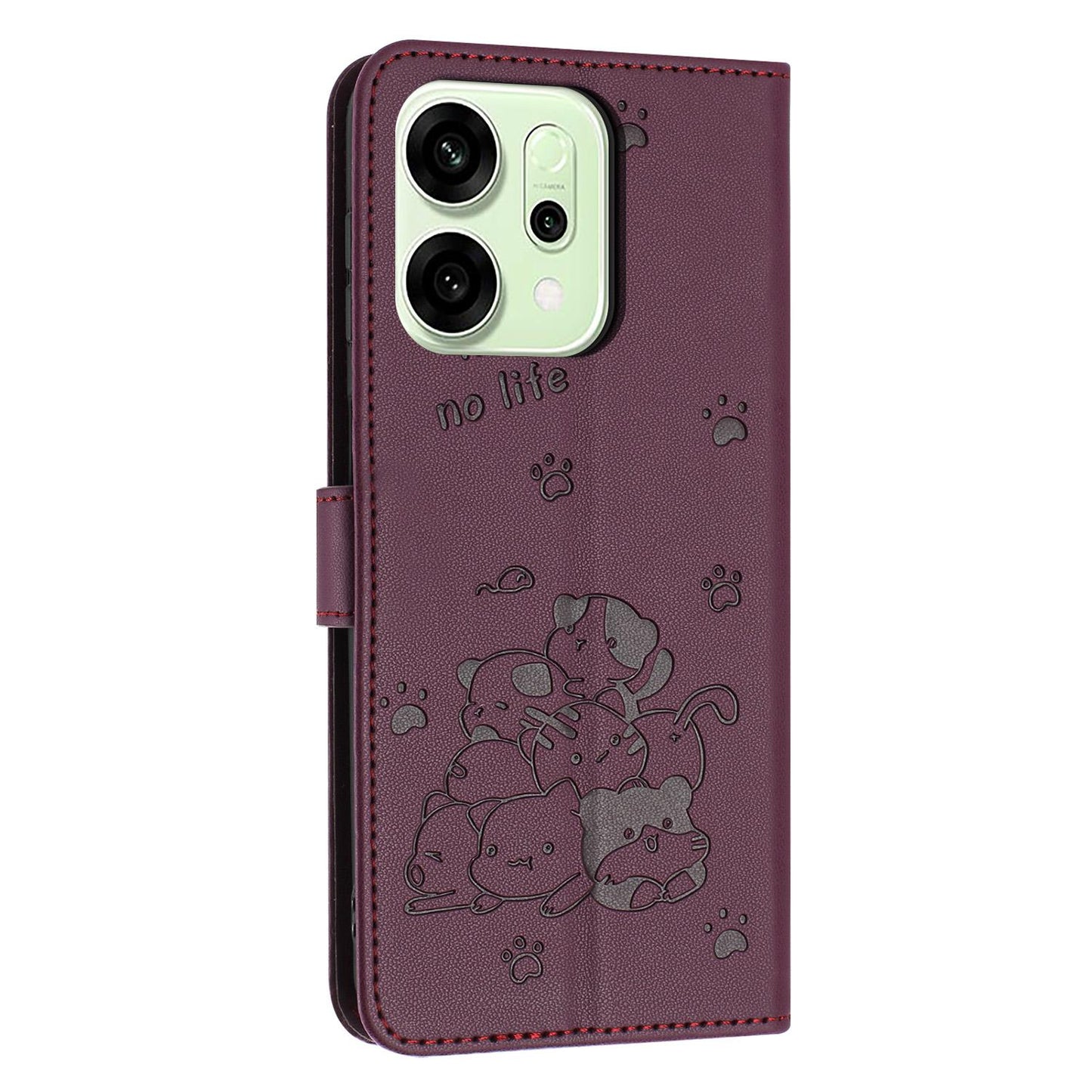 OPPO Reno14 Embossed Kitten PU Leather Wallet Case with Card Slots, Cash Pocket, Kickstand Function, Wrist Lanyard Strap, Full Protective TPU Flip Cover