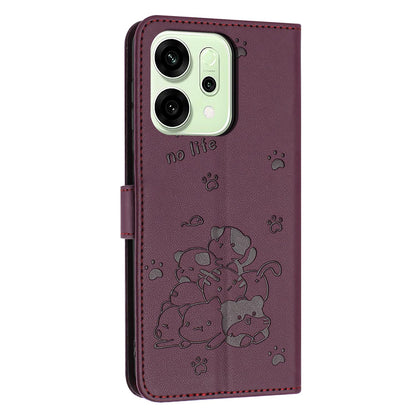 OPPO Reno14 F 5G Embossed Kitten PU Leather Wallet Case with Card Slots, Cash Pocket, Kickstand Function, Wrist Lanyard Strap, Full Protective TPU Flip Cover