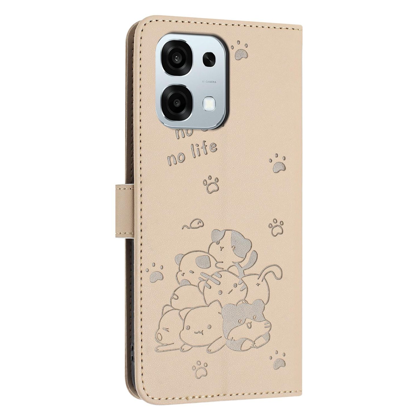 OPPO A6 Pro 5G Embossed Kitten PU Leather Wallet Case with Card Slots, Cash Pocket, Kickstand Function, Wrist Lanyard Strap, Full Protective TPU Flip Cover
