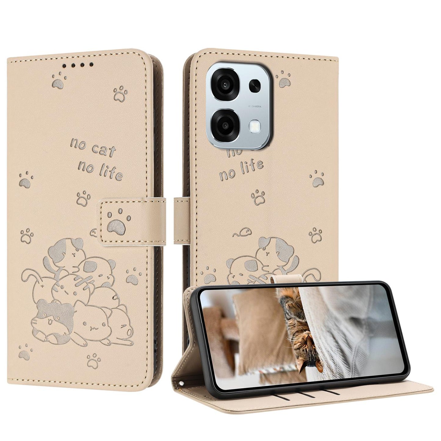 OPPO A6 Pro 5G Embossed Kitten PU Leather Wallet Case with Card Slots, Cash Pocket, Kickstand Function, Wrist Lanyard Strap, Full Protective TPU Flip Cover