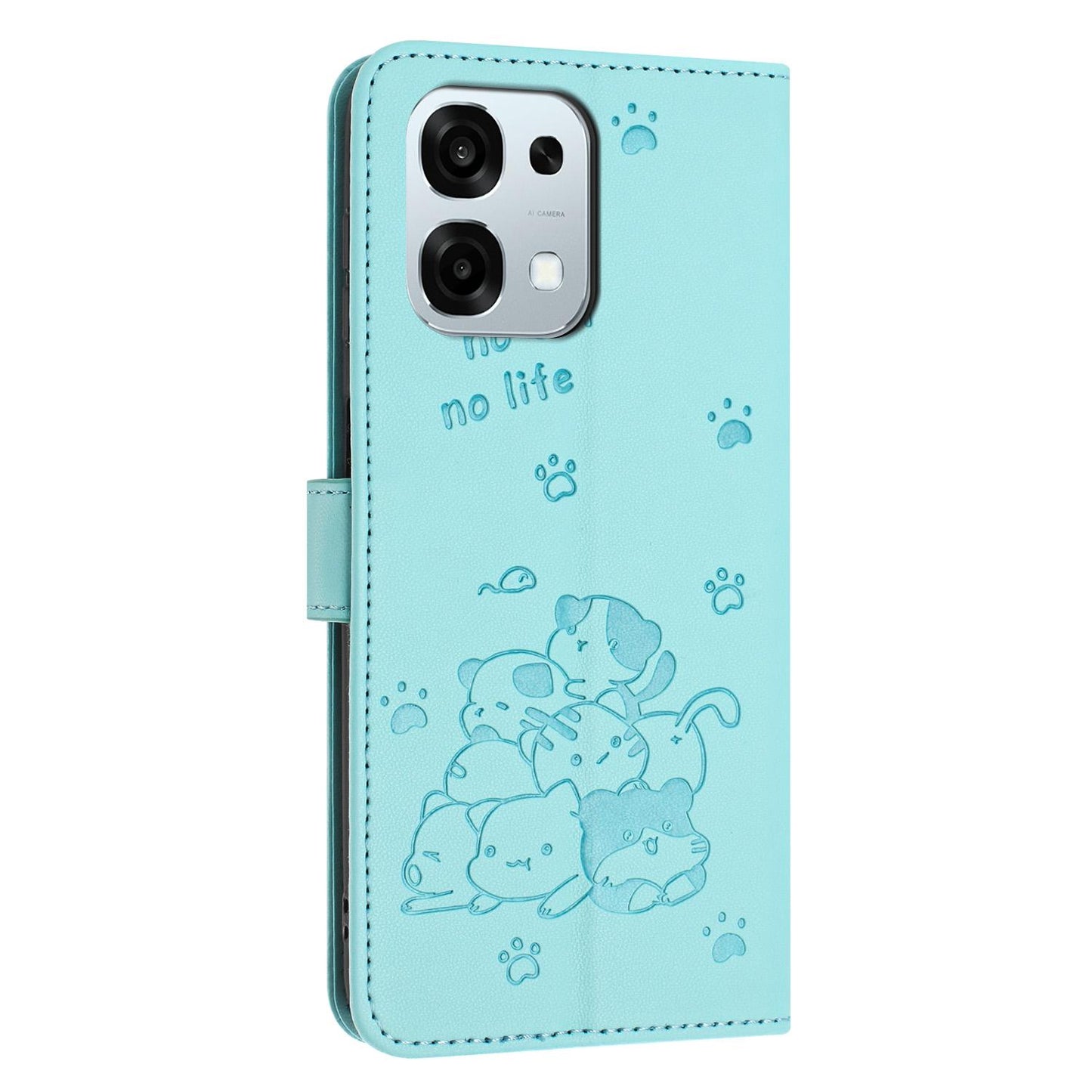 OPPO F31 5G Embossed Kitten PU Leather Wallet Case with Card Slots, Cash Pocket, Kickstand Function, Wrist Lanyard Strap, Full Protective TPU Flip Cover