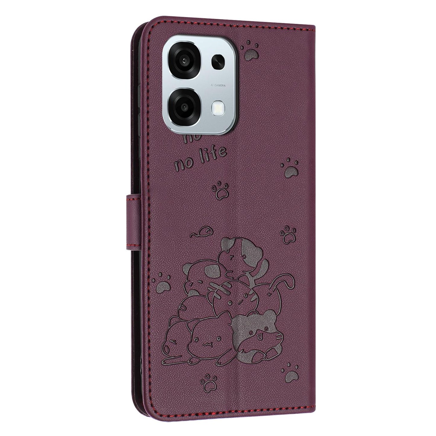 OPPO F31 5G Embossed Kitten PU Leather Wallet Case with Card Slots, Cash Pocket, Kickstand Function, Wrist Lanyard Strap, Full Protective TPU Flip Cover