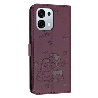 OPPO F31 5G Embossed Kitten PU Leather Wallet Case with Card Slots, Cash Pocket, Kickstand Function, Wrist Lanyard Strap, Full Protective TPU Flip Cover