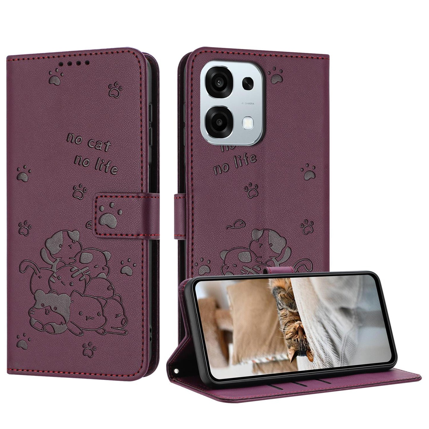 OPPO A6 Pro 5G Embossed Kitten PU Leather Wallet Case with Card Slots, Cash Pocket, Kickstand Function, Wrist Lanyard Strap, Full Protective TPU Flip Cover