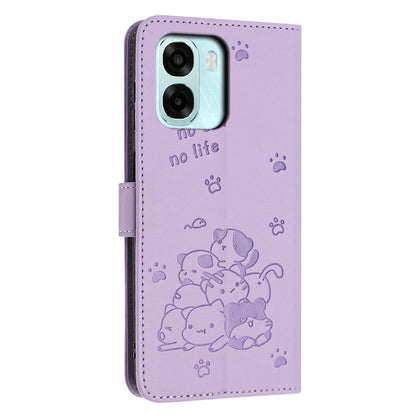 OPPO A6 5G Embossed Kitten PU Leather Wallet Case with Card Slots, Cash Pocket, Kickstand Function, Wrist Lanyard Strap, Full Protective TPU Flip Cover
