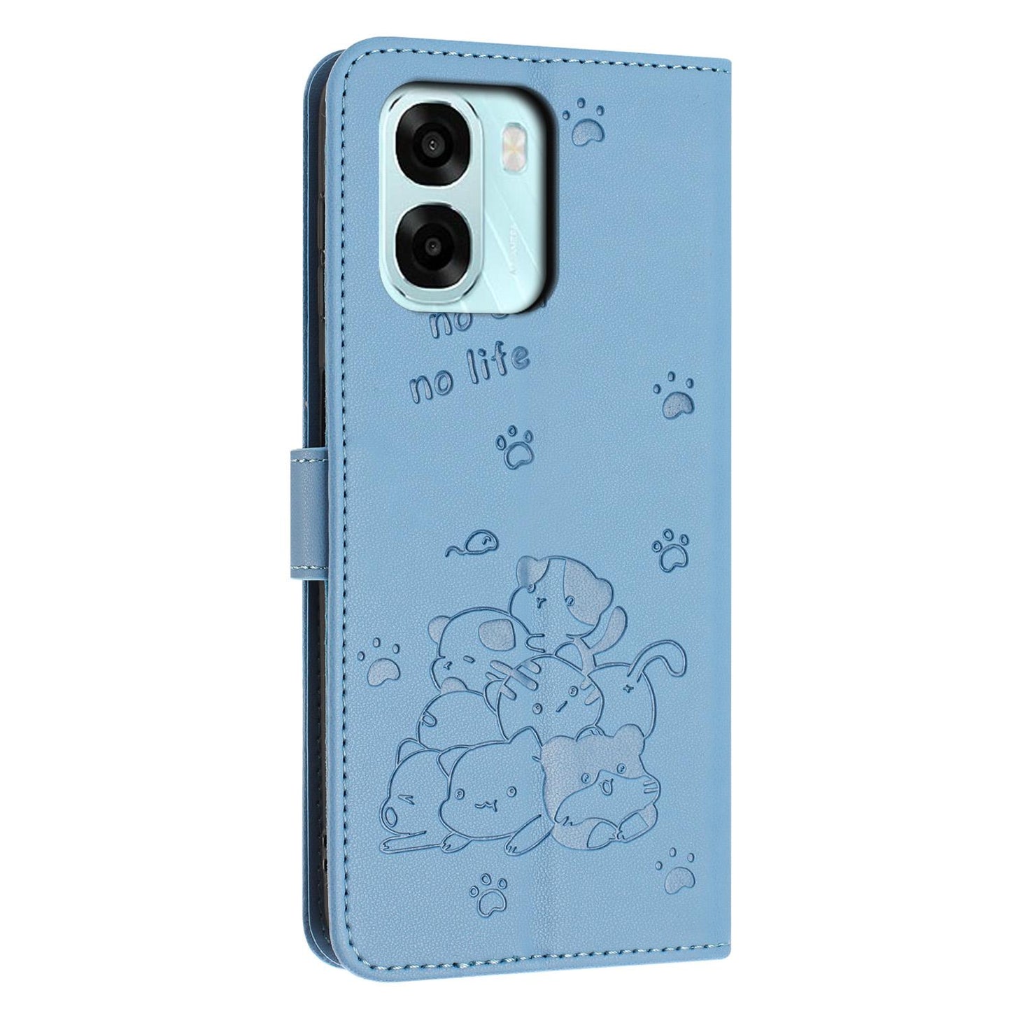 OPPO A6 5G Embossed Kitten PU Leather Wallet Case with Card Slots, Cash Pocket, Kickstand Function, Wrist Lanyard Strap, Full Protective TPU Flip Cover