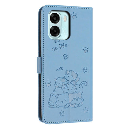 OPPO A6 5G Embossed Kitten PU Leather Wallet Case with Card Slots, Cash Pocket, Kickstand Function, Wrist Lanyard Strap, Full Protective TPU Flip Cover
