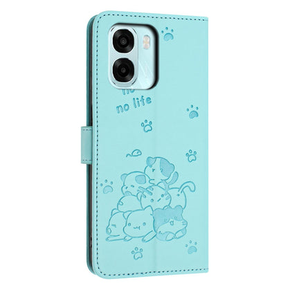 OPPO A6x 5G Embossed Kitten PU Leather Wallet Case with Card Slots, Cash Pocket, Kickstand Function, Wrist Lanyard Strap, Full Protective TPU Flip Cover