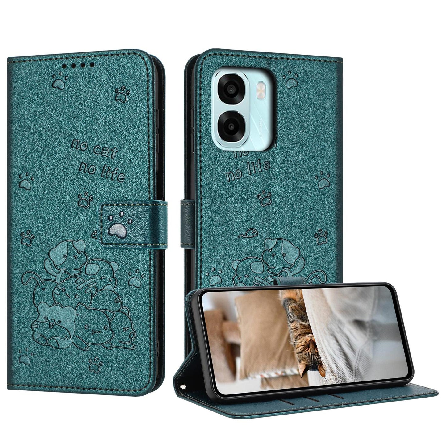 OPPO A6x 5G Embossed Kitten PU Leather Wallet Case with Card Slots, Cash Pocket, Kickstand Function, Wrist Lanyard Strap, Full Protective TPU Flip Cover