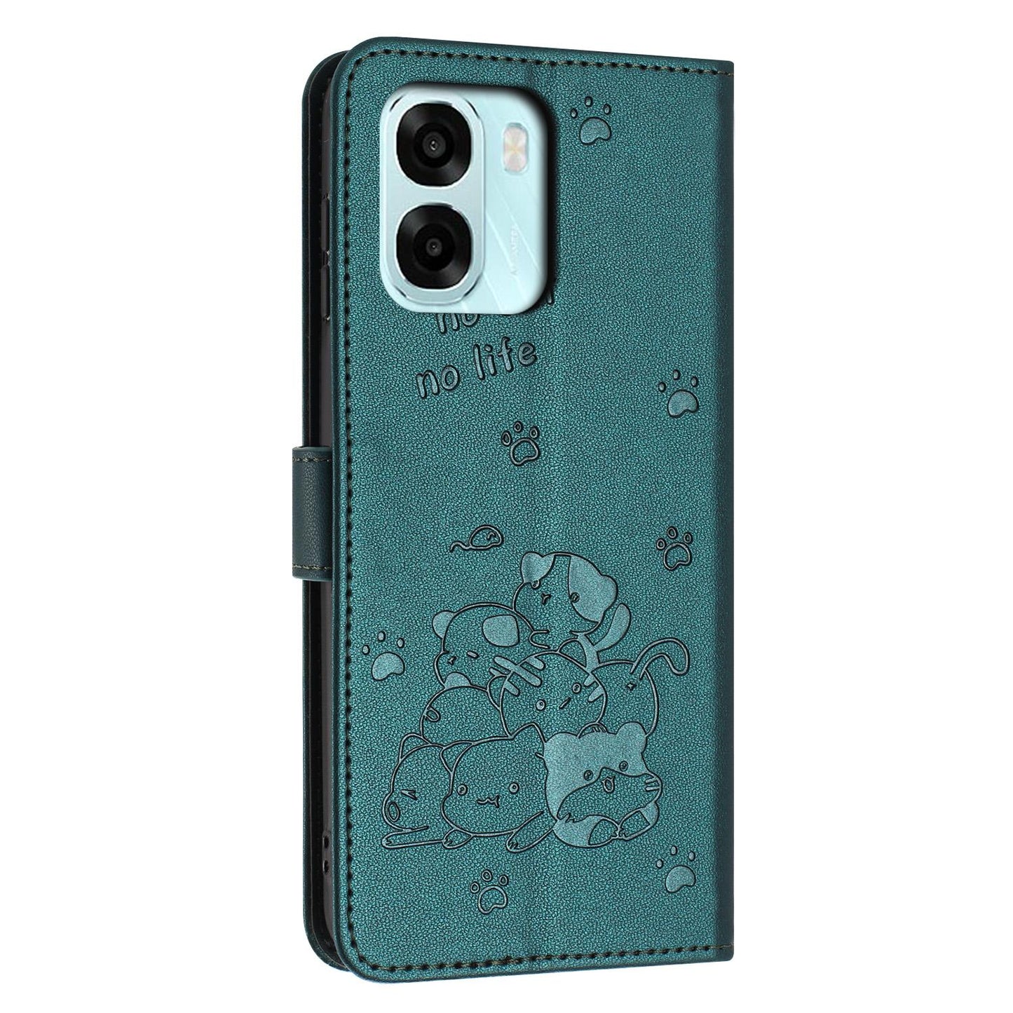 OPPO A6 4G Embossed Kitten PU Leather Wallet Case with Card Slots, Cash Pocket, Kickstand Function, Wrist Lanyard Strap, Full Protective TPU Flip Cover