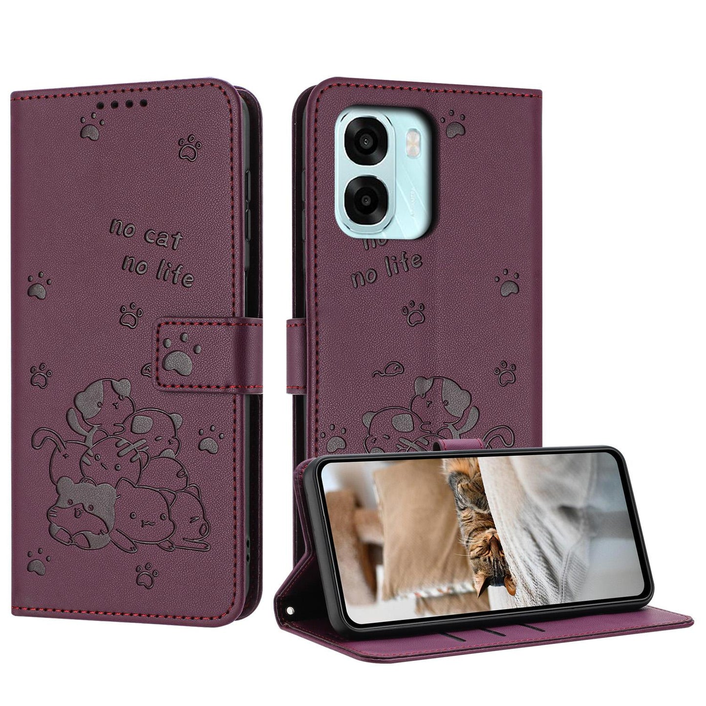 OPPO A6 5G Embossed Kitten PU Leather Wallet Case with Card Slots, Cash Pocket, Kickstand Function, Wrist Lanyard Strap, Full Protective TPU Flip Cover