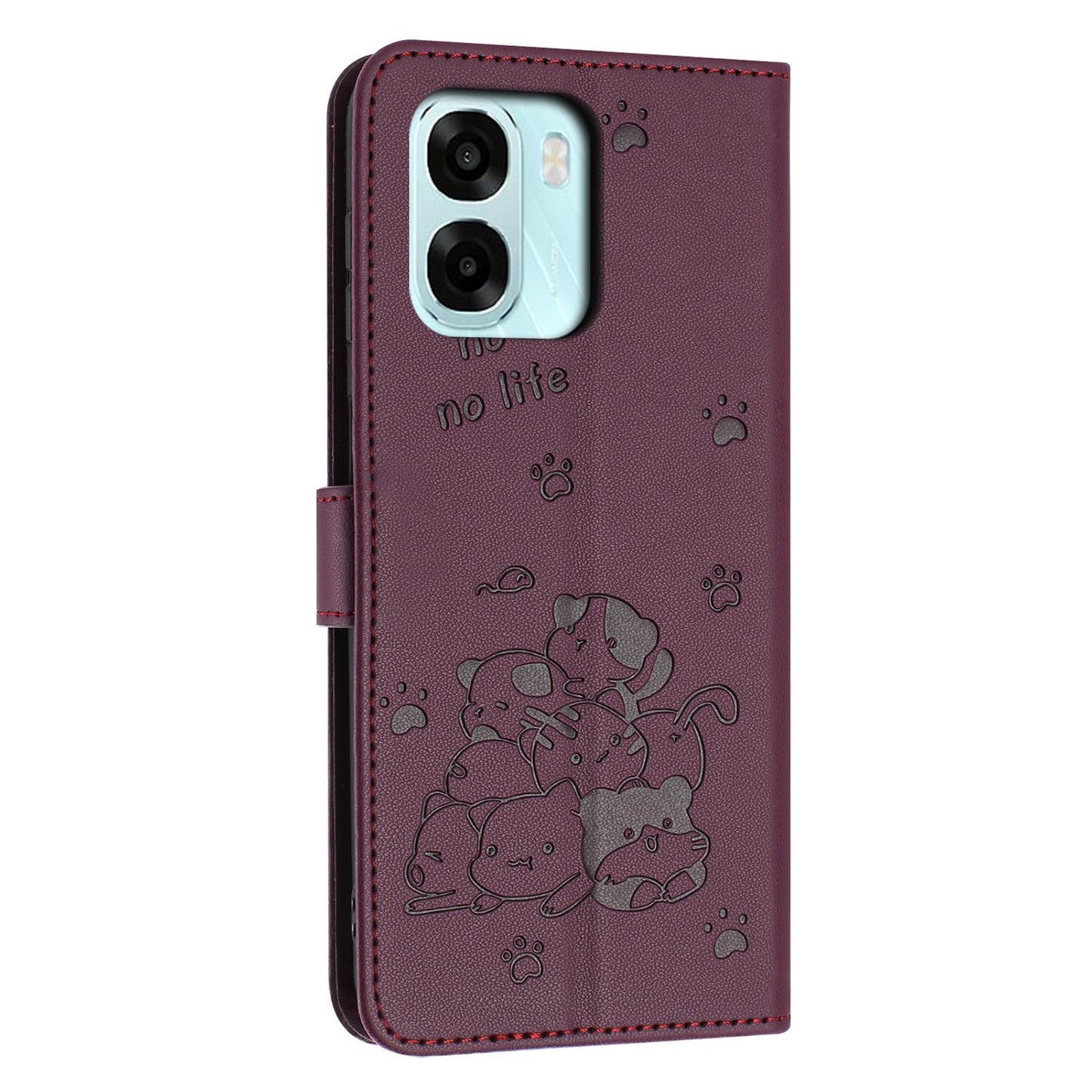 OPPO A6x 5G Embossed Kitten PU Leather Wallet Case with Card Slots, Cash Pocket, Kickstand Function, Wrist Lanyard Strap, Full Protective TPU Flip Cover