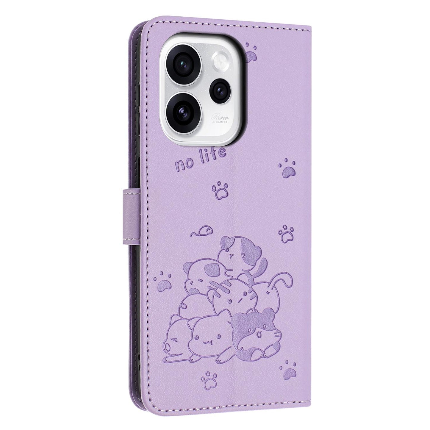 OPPO Reno15 5G Embossed Kitten PU Leather Wallet Case with Card Slots, Cash Pocket, Kickstand Function, Wrist Lanyard Strap, Full Protective TPU Flip Cover
