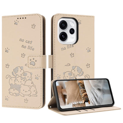 OPPO Reno15 5G Embossed Kitten PU Leather Wallet Case with Card Slots, Cash Pocket, Kickstand Function, Wrist Lanyard Strap, Full Protective TPU Flip Cover