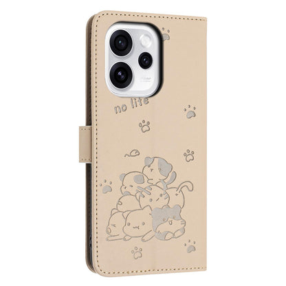 OPPO Reno15 5G Embossed Kitten PU Leather Wallet Case with Card Slots, Cash Pocket, Kickstand Function, Wrist Lanyard Strap, Full Protective TPU Flip Cover