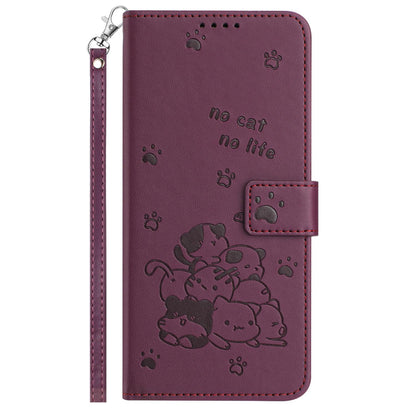 OPPO Reno15 5G Embossed Kitten PU Leather Wallet Case with Card Slots, Cash Pocket, Kickstand Function, Wrist Lanyard Strap, Full Protective TPU Flip Cover