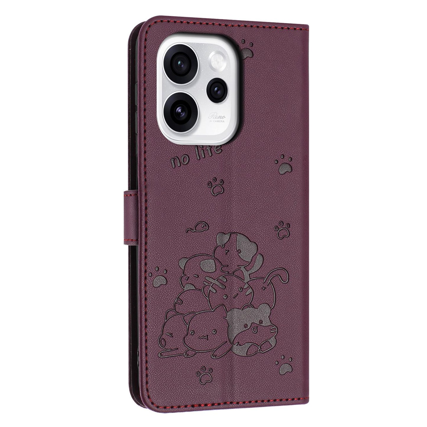OPPO Reno15 5G Embossed Kitten PU Leather Wallet Case with Card Slots, Cash Pocket, Kickstand Function, Wrist Lanyard Strap, Full Protective TPU Flip Cover
