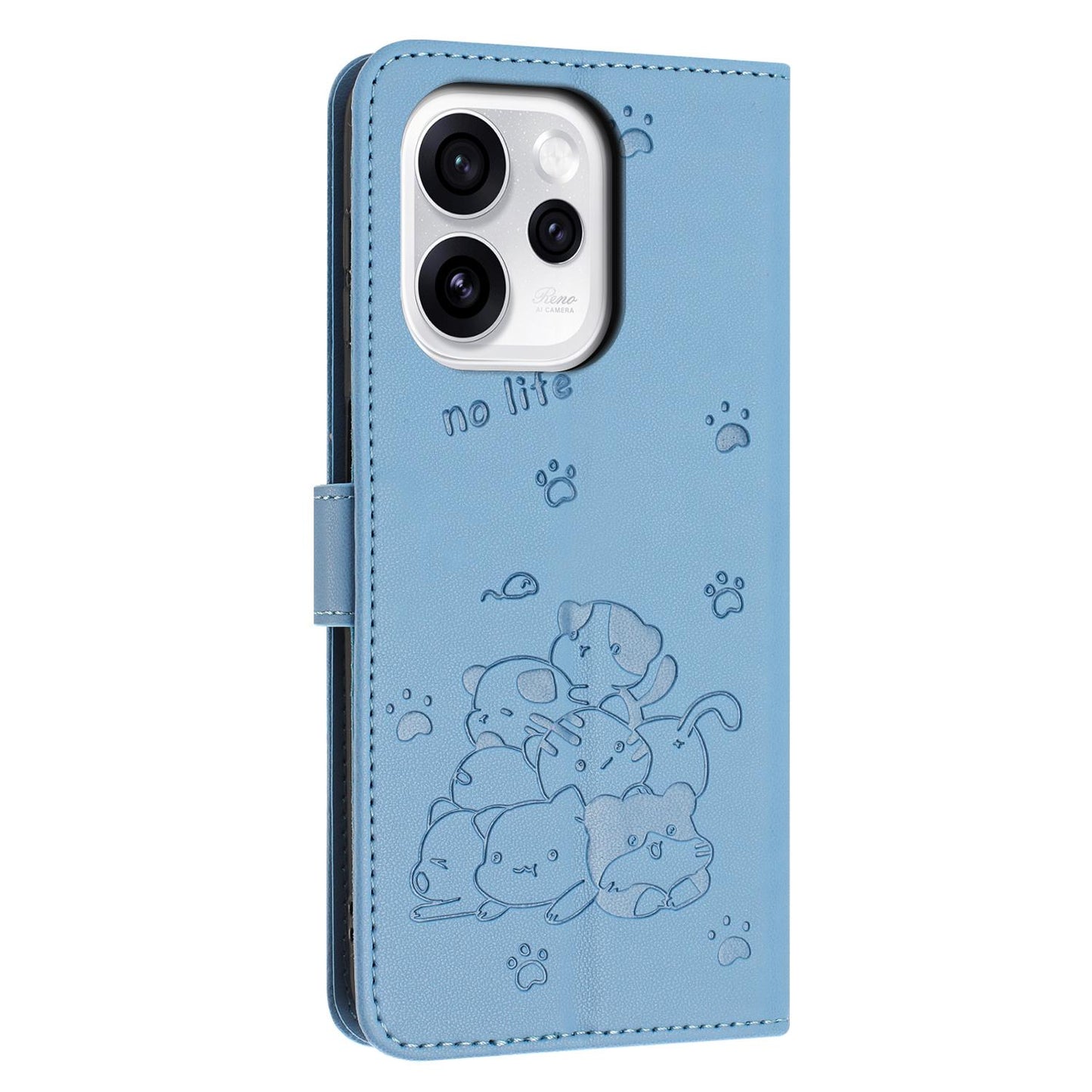 OPPO Reno15 Pro 5G Embossed Kitten PU Leather Wallet Case with Card Slots, Cash Pocket, Kickstand Function, Wrist Lanyard Strap, Full Protective TPU Flip Cover
