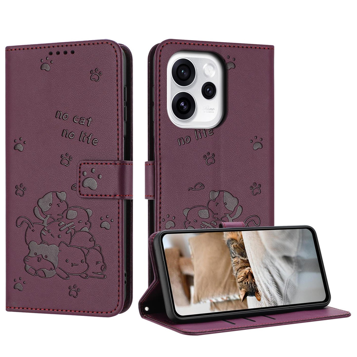 OPPO Reno15 Pro 5G Embossed Kitten PU Leather Wallet Case with Card Slots, Cash Pocket, Kickstand Function, Wrist Lanyard Strap, Full Protective TPU Flip Cover