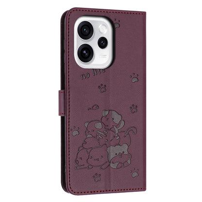 OPPO Reno15 Pro 5G Embossed Kitten PU Leather Wallet Case with Card Slots, Cash Pocket, Kickstand Function, Wrist Lanyard Strap, Full Protective TPU Flip Cover