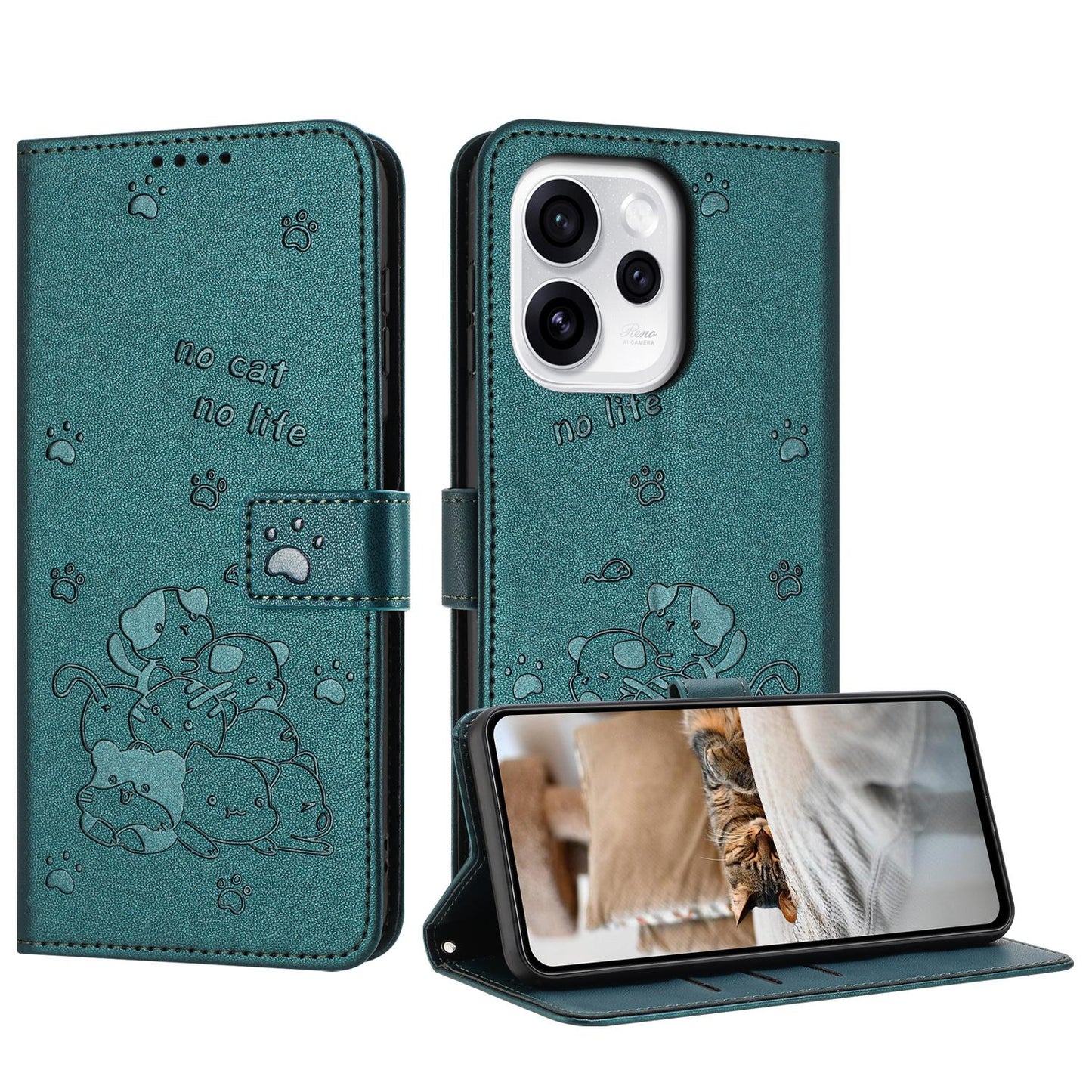 OPPO Reno15 Pro Max 5G Embossed Kitten PU Leather Wallet Case with Card Slots, Cash Pocket, Kickstand Function, Wrist Lanyard Strap, Full Protective TPU Flip Cover