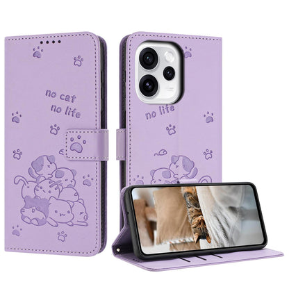 OPPO Reno15 F 5G Embossed Kitten PU Leather Wallet Case with Card Slots, Cash Pocket, Kickstand Function, Wrist Lanyard Strap, Full Protective TPU Flip Cover
