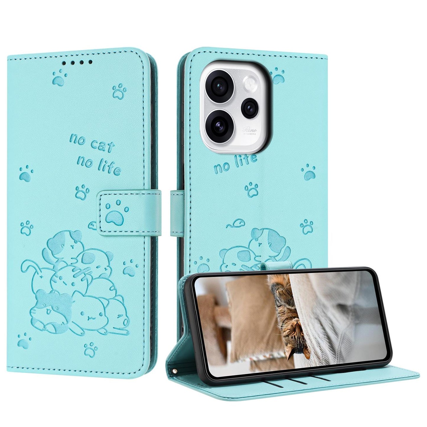 OPPO Reno15 F 5G Embossed Kitten PU Leather Wallet Case with Card Slots, Cash Pocket, Kickstand Function, Wrist Lanyard Strap, Full Protective TPU Flip Cover