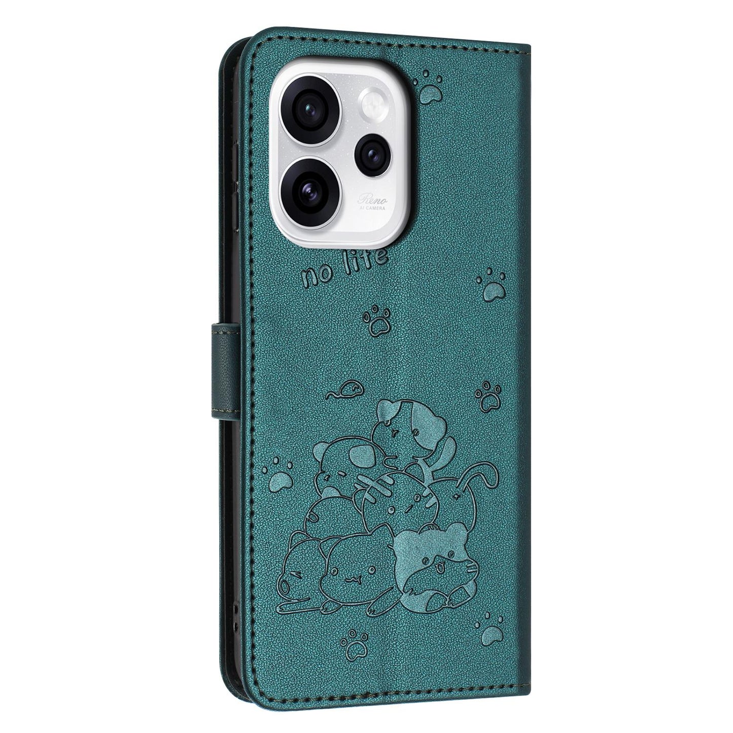 OPPO Reno15 F 5G Embossed Kitten PU Leather Wallet Case with Card Slots, Cash Pocket, Kickstand Function, Wrist Lanyard Strap, Full Protective TPU Flip Cover