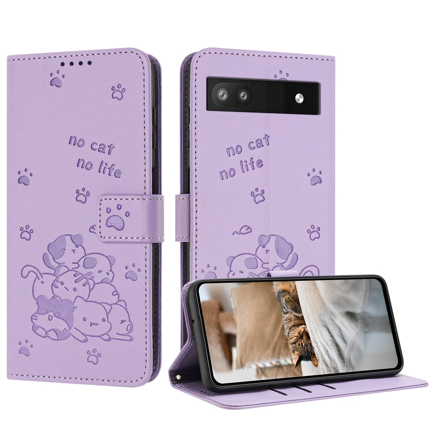 Google Pixel 6a Embossed Kitten PU Leather Wallet Case with Card Slots, Cash Pocket, Kickstand Function, Wrist Lanyard Strap, Full Protective TPU Flip Cover