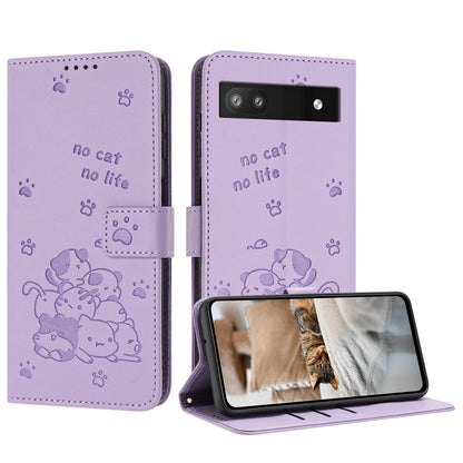 Google Pixel 6a Embossed Kitten PU Leather Wallet Case with Card Slots, Cash Pocket, Kickstand Function, Wrist Lanyard Strap, Full Protective TPU Flip Cover