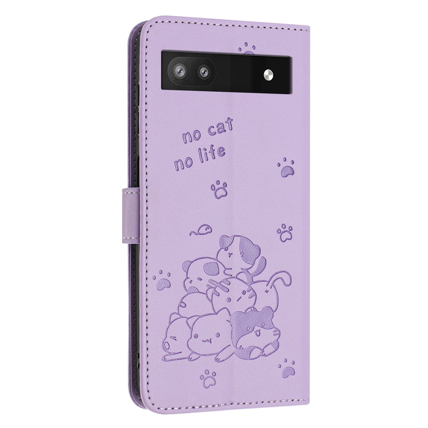 Google Pixel 6a Embossed Kitten PU Leather Wallet Case with Card Slots, Cash Pocket, Kickstand Function, Wrist Lanyard Strap, Full Protective TPU Flip Cover