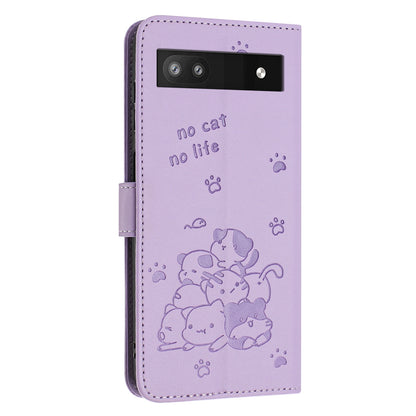 Google Pixel 6a Embossed Kitten PU Leather Wallet Case with Card Slots, Cash Pocket, Kickstand Function, Wrist Lanyard Strap, Full Protective TPU Flip Cover