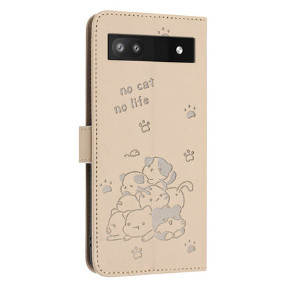 Google Pixel 6a Embossed Kitten PU Leather Wallet Case with Card Slots, Cash Pocket, Kickstand Function, Wrist Lanyard Strap, Full Protective TPU Flip Cover