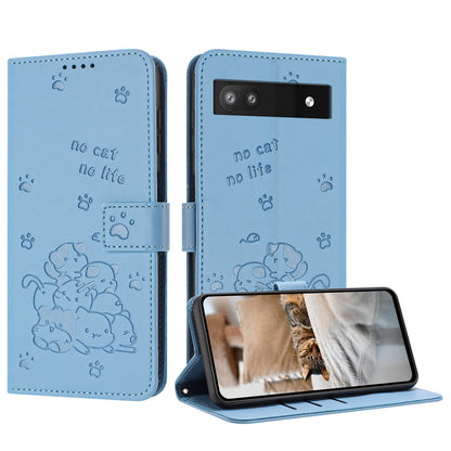 Google Pixel 6a Embossed Kitten PU Leather Wallet Case with Card Slots, Cash Pocket, Kickstand Function, Wrist Lanyard Strap, Full Protective TPU Flip Cover