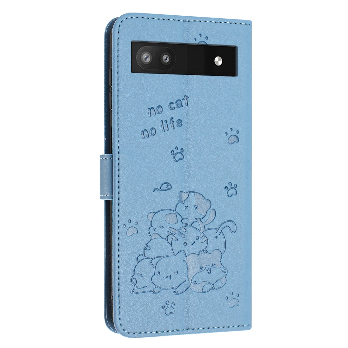Google Pixel 6a Embossed Kitten PU Leather Wallet Case with Card Slots, Cash Pocket, Kickstand Function, Wrist Lanyard Strap, Full Protective TPU Flip Cover