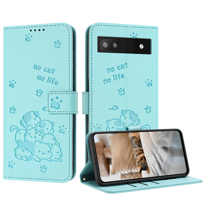 Google Pixel 6a Embossed Kitten PU Leather Wallet Case with Card Slots, Cash Pocket, Kickstand Function, Wrist Lanyard Strap, Full Protective TPU Flip Cover