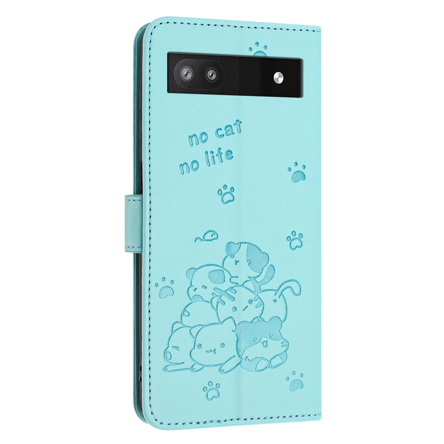 Google Pixel 6a Embossed Kitten PU Leather Wallet Case with Card Slots, Cash Pocket, Kickstand Function, Wrist Lanyard Strap, Full Protective TPU Flip Cover
