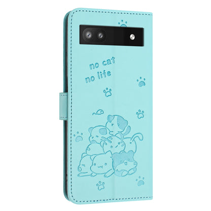 Google Pixel 6a Embossed Kitten PU Leather Wallet Case with Card Slots, Cash Pocket, Kickstand Function, Wrist Lanyard Strap, Full Protective TPU Flip Cover
