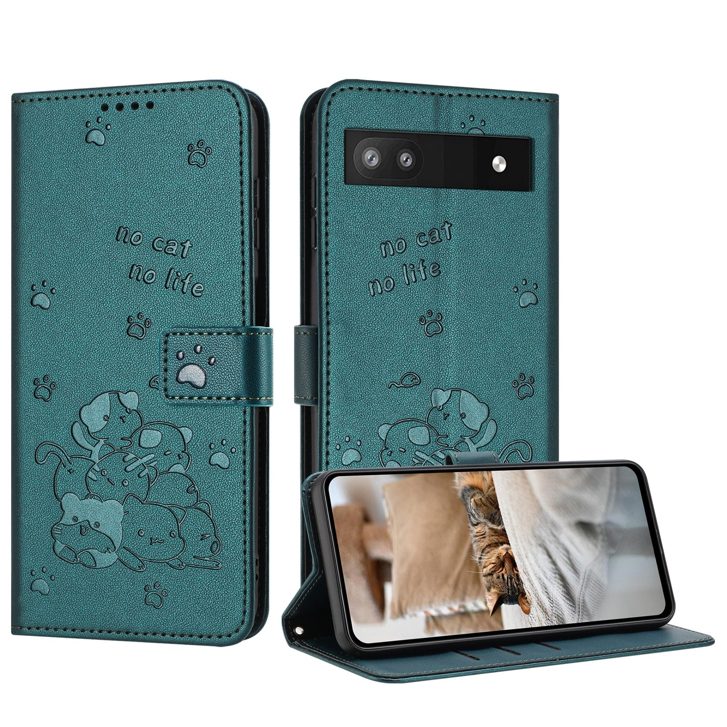 Google Pixel 6a Embossed Kitten PU Leather Wallet Case with Card Slots, Cash Pocket, Kickstand Function, Wrist Lanyard Strap, Full Protective TPU Flip Cover