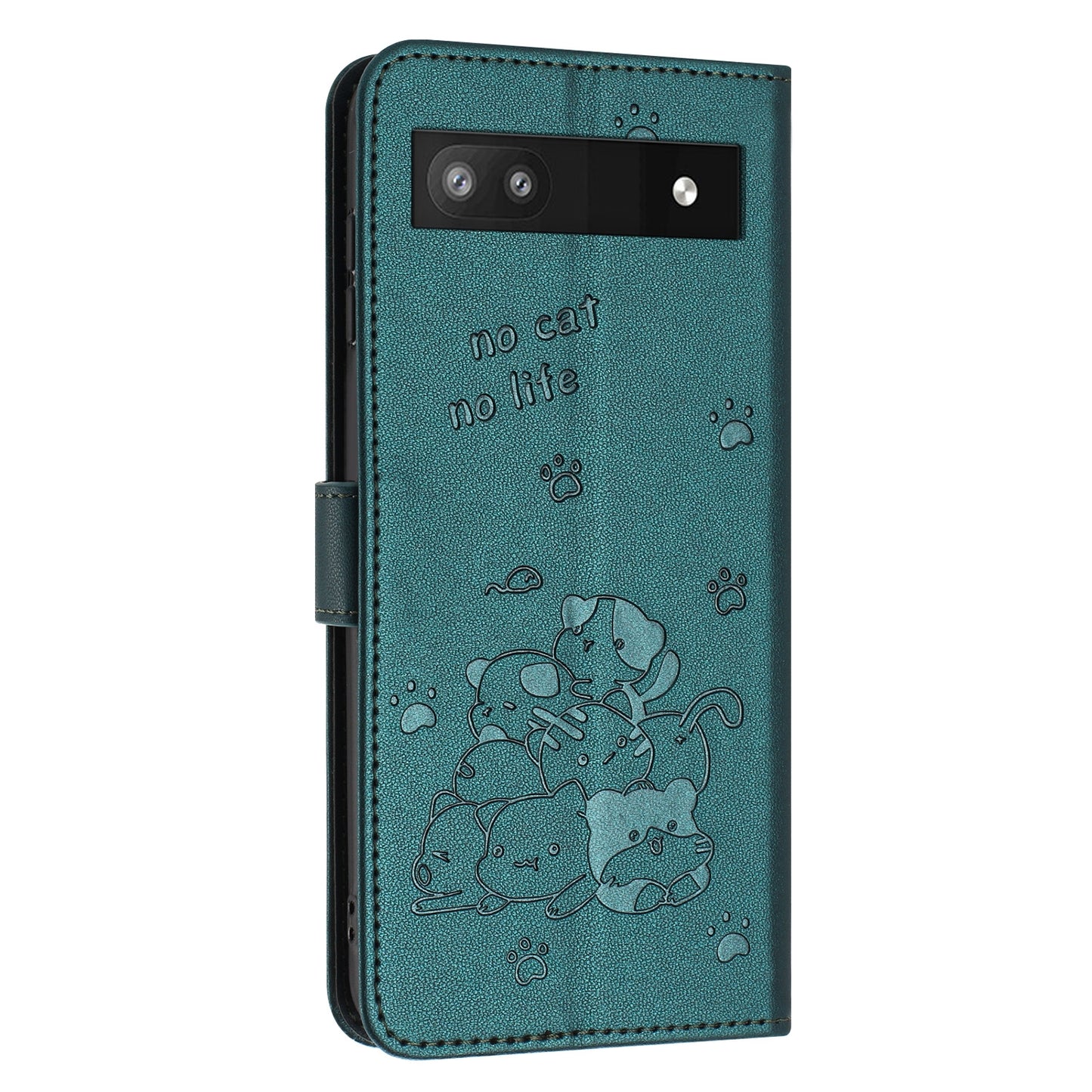 Google Pixel 6a Embossed Kitten PU Leather Wallet Case with Card Slots, Cash Pocket, Kickstand Function, Wrist Lanyard Strap, Full Protective TPU Flip Cover