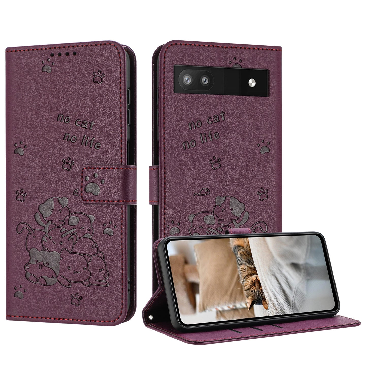 Google Pixel 6a Embossed Kitten PU Leather Wallet Case with Card Slots, Cash Pocket, Kickstand Function, Wrist Lanyard Strap, Full Protective TPU Flip Cover