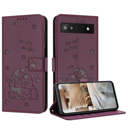 Google Pixel 6a Embossed Kitten PU Leather Wallet Case with Card Slots, Cash Pocket, Kickstand Function, Wrist Lanyard Strap, Full Protective TPU Flip Cover