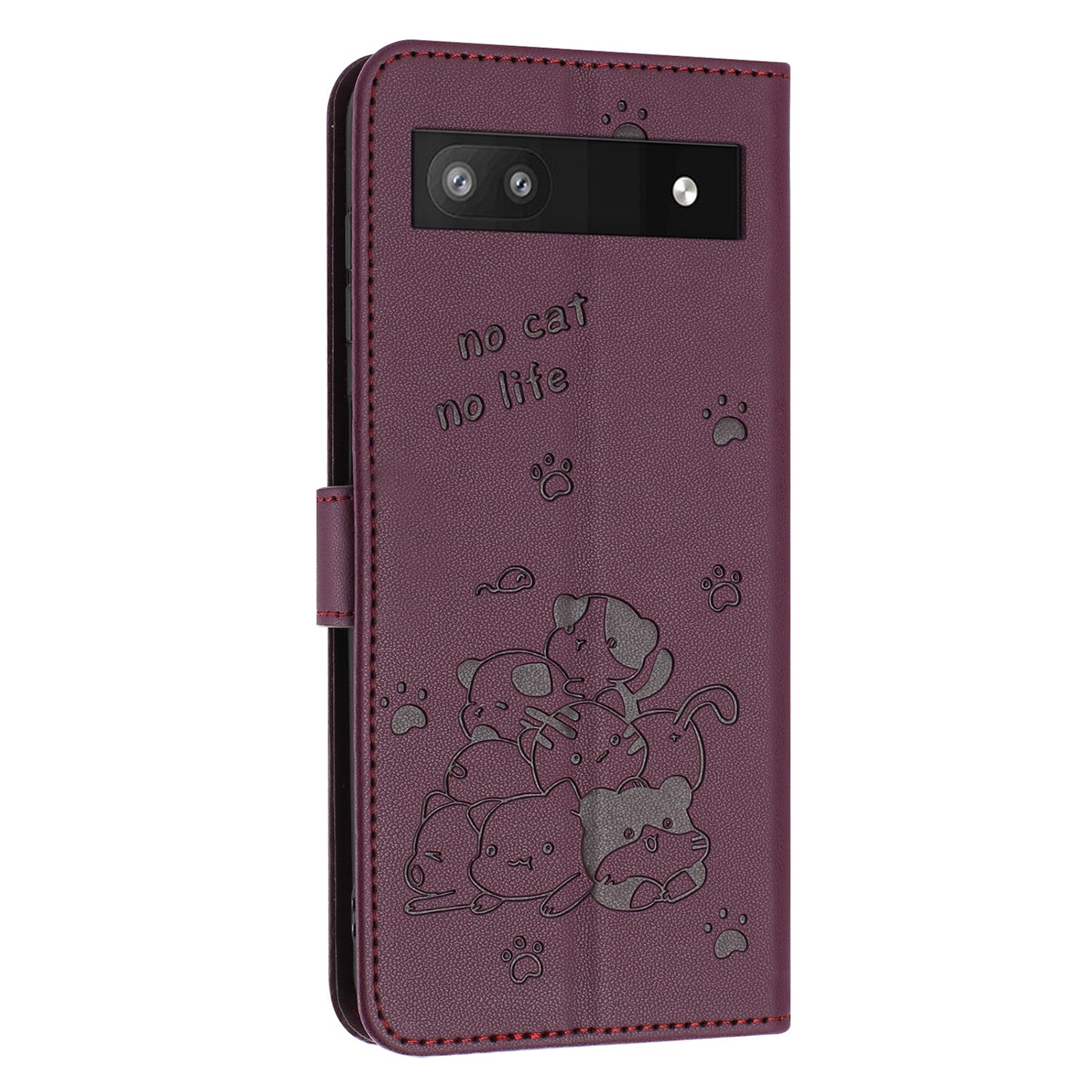 Google Pixel 6a Embossed Kitten PU Leather Wallet Case with Card Slots, Cash Pocket, Kickstand Function, Wrist Lanyard Strap, Full Protective TPU Flip Cover