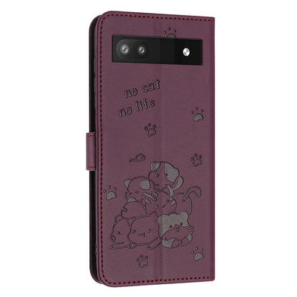 Google Pixel 6a Embossed Kitten PU Leather Wallet Case with Card Slots, Cash Pocket, Kickstand Function, Wrist Lanyard Strap, Full Protective TPU Flip Cover