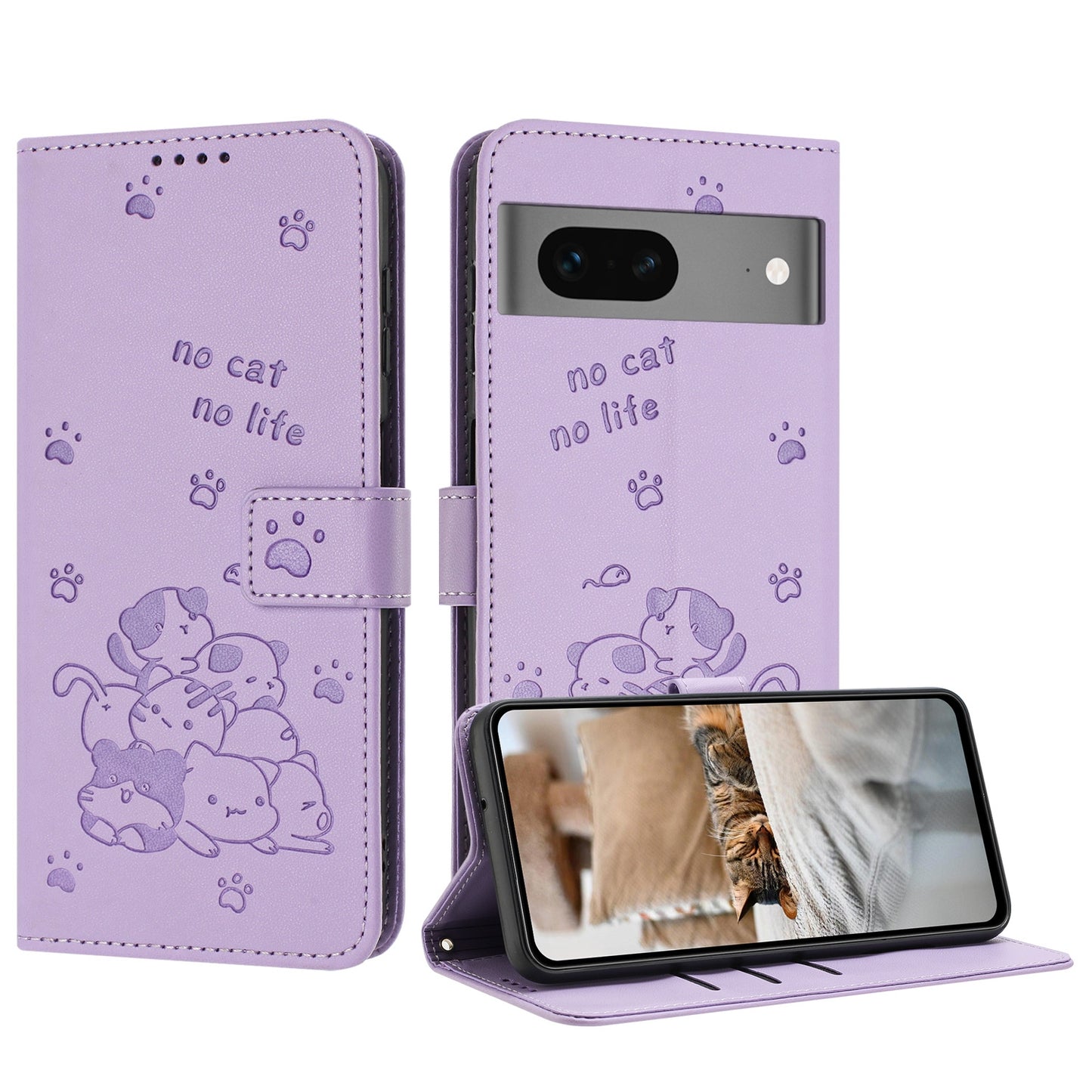 Google Pixel 7 Embossed Kitten PU Leather Wallet Case with Card Slots, Cash Pocket, Kickstand Function, Wrist Lanyard Strap, Full Protective TPU Flip Cover
