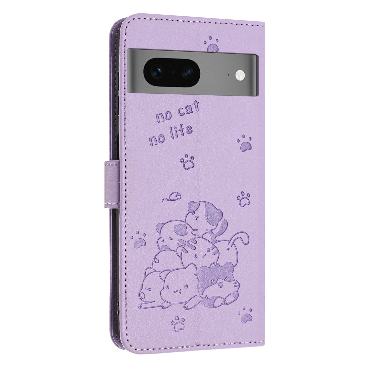 Google Pixel 7 Embossed Kitten PU Leather Wallet Case with Card Slots, Cash Pocket, Kickstand Function, Wrist Lanyard Strap, Full Protective TPU Flip Cover