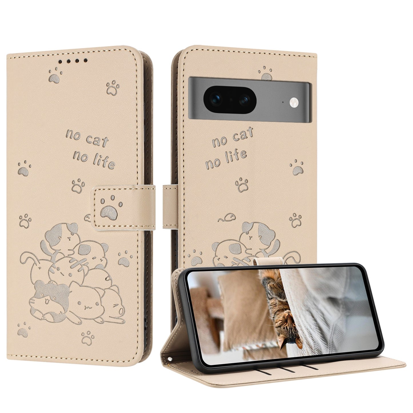 Google Pixel 7 Embossed Kitten PU Leather Wallet Case with Card Slots, Cash Pocket, Kickstand Function, Wrist Lanyard Strap, Full Protective TPU Flip Cover